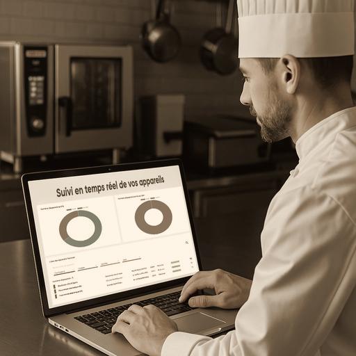 Un chef consulte le suivi en temps réel de ses appareils sur un ordinateur portable